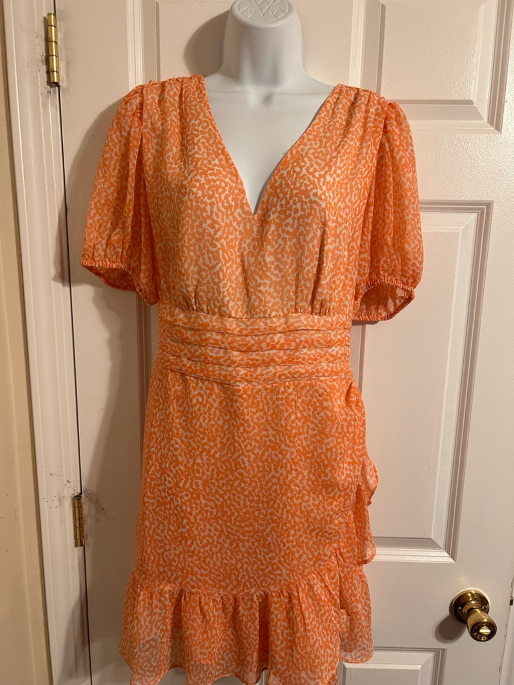 Express Orange Printed V-Neck Ruffle Mini Dress